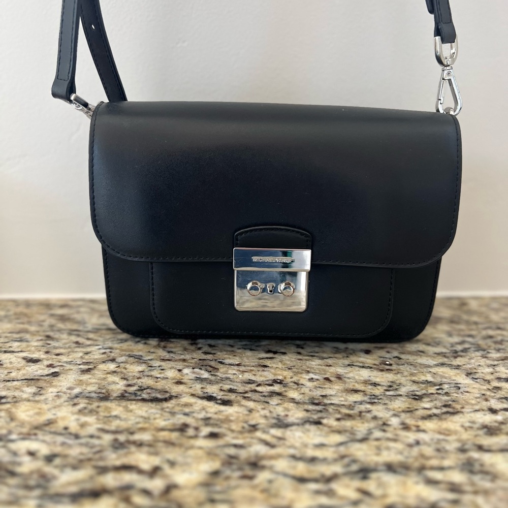 Michael Kors Collection Black Leather Crossbody Bag with Silver Clasp